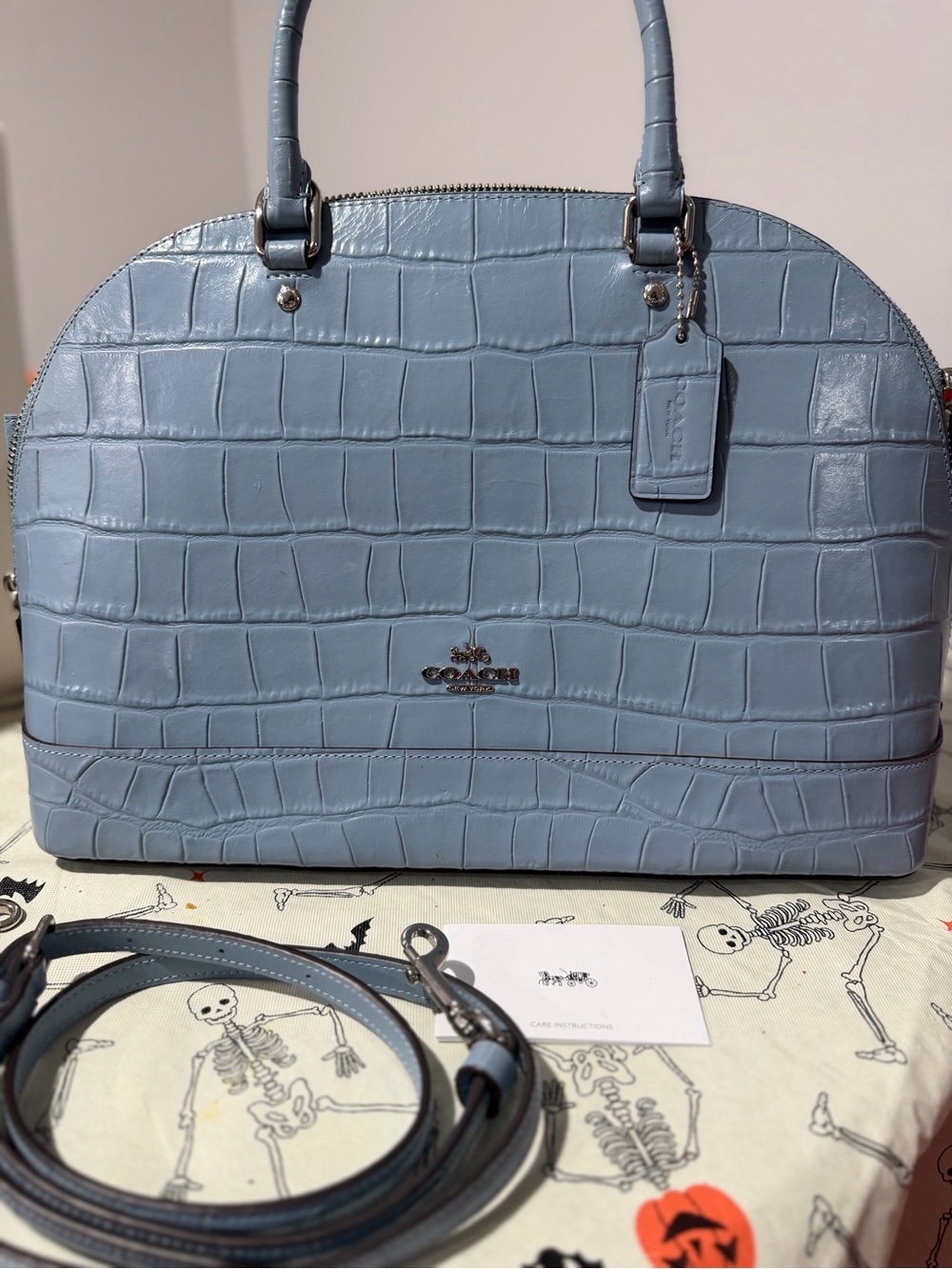 Coach Croc-Embossed Leather Satchel in Light Blue